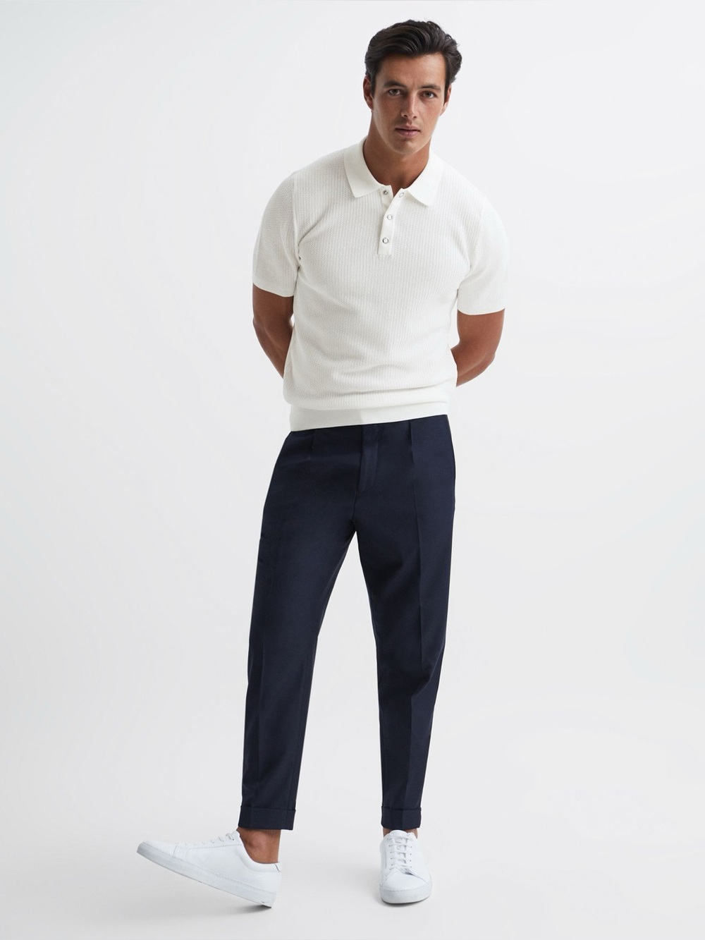 Reiss Bennie Press Stud Textured Polo Shirt White Cotton Slim Fit Short Sleeve